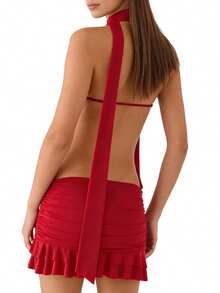 Women's Halter Mini Dress Summer Fashionable Solid Color Sleeveless Backless Ruffle Hem Dress - Red - View 6