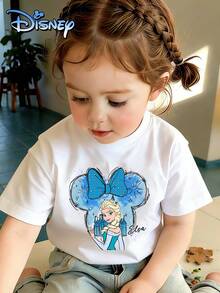 Girl Baby Girl Baby Girl Short Sleeve T-Shirt Top Disney Frozen Elsa Princess Printed Pattern Blue Bow Design Cute Cartoon Image Fashion Casual Style Spring/Summer Autumn Daily Wear Girl Baby Girl Spring/Summer Autumn Top Both Men And Women Baby Suitable Children's Top - trắng - Xem 2