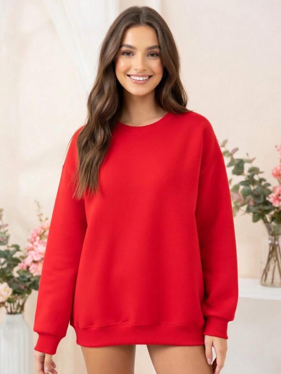 Plain Crew Neck Sweatshirt With No Print, Stylish Tumblr Style For Cold Winters - Red - View 1