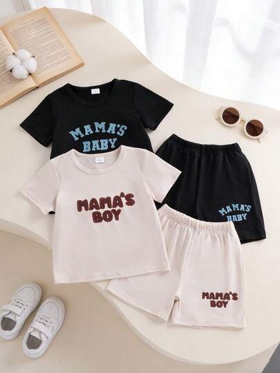 Bộ 4 món đồ thể thao tối giản thường ngày cho bé trai, áo thun ngắn tay cổ tròn in họa tiết màu mơ và đen, phối cùng quần short in họa tiết cùng màu, trang phục mùa hè thích hợp cho mặc hàng ngày và đi học.