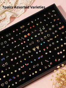 Set de 7 piezas de aretes de moda minimalistas con perlas falsas y cristales en forma de lazo y corazón, un regalo de joyería versátil para niñas, regalo de cumpleaños - Nuevo conjunto de pendientes pequeños - Ver 9