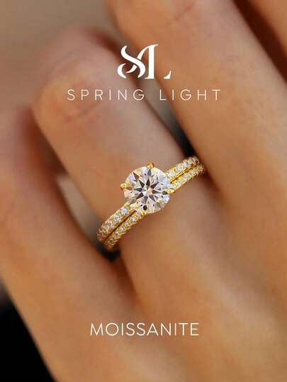 2pcs/Set 1 Carat 4-Prong Moissanite Diamond 2-In-1 Ring Set, Women's Engagement Ring, S925 Sterling Silver Minimalist Romantic Couple Rings, Eternal Rings, Wedding Anniversary Rings, Luxury Jewelry Gift