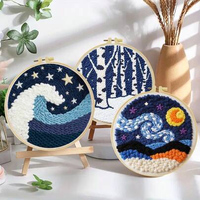 DIY Punch Needle Embroidery Kit, Suitable For Beginners, Includes Punch Needle, Threads, Instructions, Embroidery Hoop And Pre-Printed Fabric With Patterns Like Waves Under Starry Sky, Forest, And Valleys, Creative Handcraft Set For Home Wall Decor And Gifts, 2D Flat Printed Punch Needle Embroidery Kit/Starter Kit/Fun Kit, 20X20cm (7.87X7.87 Inches)