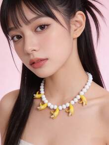 1pc Cute Resin Banana Shaped Beaded Necklace, Personalized Y2K Style Fun Jewelry For Women, Summer Party Accessory, Suitable For Daily Wear, Festivals And Parties - Banana - View 4