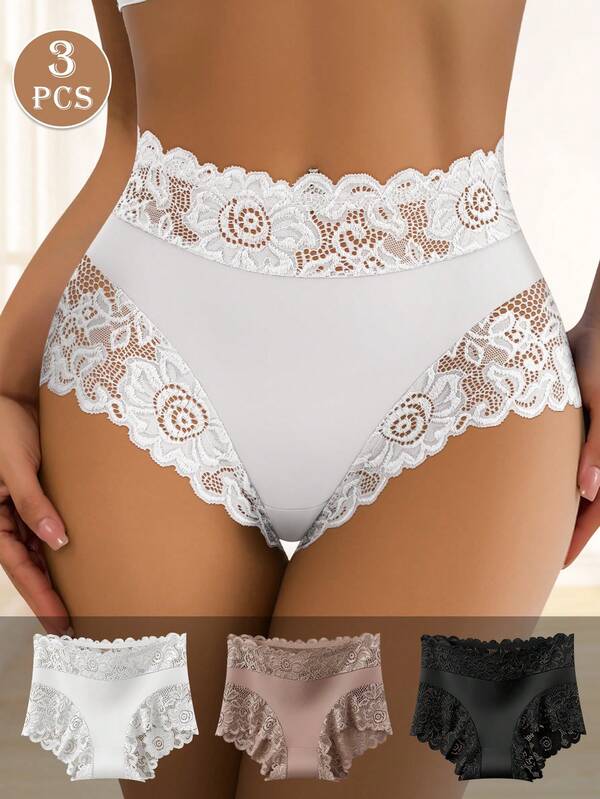 QUASTI Conjunto de 3 calcinhas femininas com estampa de renda, sensuais, respiráveis e confortáveis.