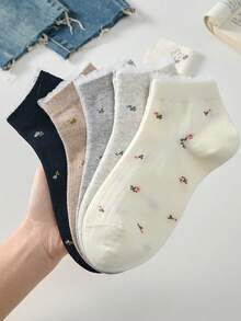5双装女士短袜，碎花黑白休闲袜，简约舒适，四季皆宜 - 彩色 - 查看 2