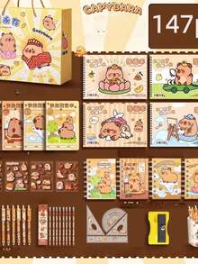 147 piezas Conjunto de artículos de papelería con diseño de Capibara, estuche de lápices de alta calidad y lindos, útiles escolares, regalo de aprendizaje - Multicolor - Ver 9