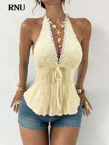RNU Blusa de verano de mujer sin mangas, con cuello de volantes y bajo asimétrico, de tejido de punto, de longitud regular, ligeramente elástica - Amarillo claro - Ver 6