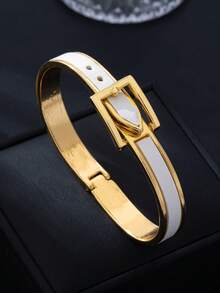 1pc Fashionable Unique Leather Belt Style Bracelet, Distinctive Personalized Niche Elegant Adjustable Jewelry, Suitable For Daily Wear, Parties And Various Occasions - White - View 1