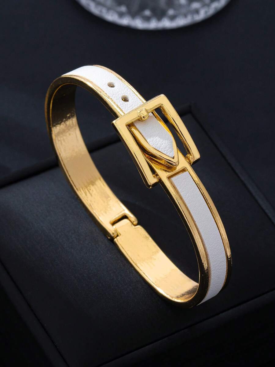 1pc Fashionable Unique Leather Belt Style Bracelet, Distinctive Personalized Niche Elegant Adjustable Jewelry, Suitable For Daily Wear, Parties And Various Occasions - White - View 1