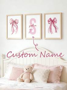3pcs Personalized Pink Ribbon Wall Art Poster Customized Name Children's Room Decor Inkjet Painting Pink Bow Sweet Style Modern Cute Hanging Picture Minimalist Apartment Bedroom Living Room Decor Baby Girl Birthday Gift Unframed - Pink - View 8