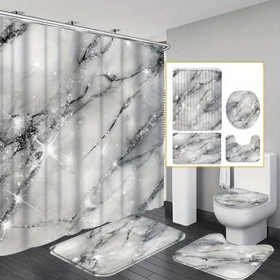 Bộ rèm tắm họa tiết vân đá cẩm thạch kèm 12 móc treo, chất liệu vải dệt kim polyester chống thấm nước, dễ lau chùi, bao gồm thảm chữ U cho bồn cầu, tấm phủ nắp bồn cầu và thảm trang trí - Trang trí phòng tắm hiện đại