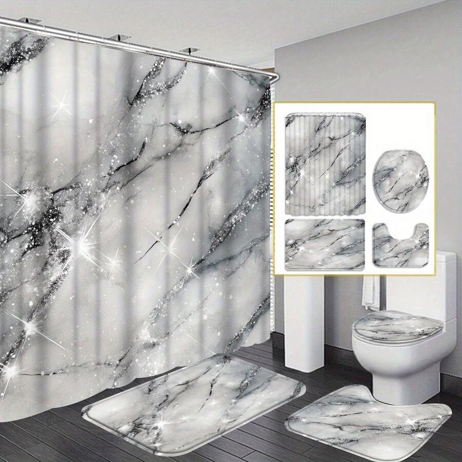 Marble Pattern Shower Curtain Set With 12 Hooks, Water-Resistant Polyester Knit Fabric, Wipe Clean, Includes U-Shaped Toilet Mat, Lid Cover, And Rug - Modern Bathroom Decor