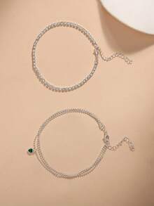 Nooxian 2pcs/Set Fashionable & Elegant Crystal Claw Chain With Multi-Layer Pearl Chain & Green Zirconia Heart Pendant Anklets, Suitable For Holiday & Party Wear - Silver - View 4
