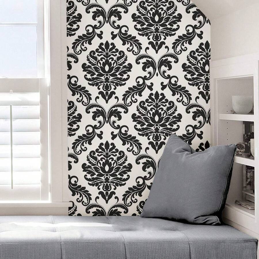 Papel tapiz extraíble en blanco y negro con estampado de damasco, estilo victoriano clásico, adecuado para dormitorio, sala de estar, armario, muebles, papel de contacto autoadhesivo - 1PC - Ver 1