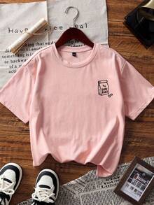 夏季新款休闲慵懒生活美食饮品早餐印花圆领短袖T恤，时尚百搭日常女装上衣 - 淺粉色 - 查看 3