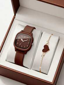 2 Pieces Per Set. This Stylish, Simple And Elegant Silicone Wristband With Square-Shaped Pointer Display Of Numbers And A Small Quartz Watch, Paired With A Heart-Shaped Bracelet, Forms A Complete Set. It Is Suitable For Wearing At Parties, Gatherings, Schools To Check The Time, And Is Also Very Suitable As The Best Gift For Mothers/Friends On Mother's Day, Back-To-School Season, And Easter. - Multicolor - View 11