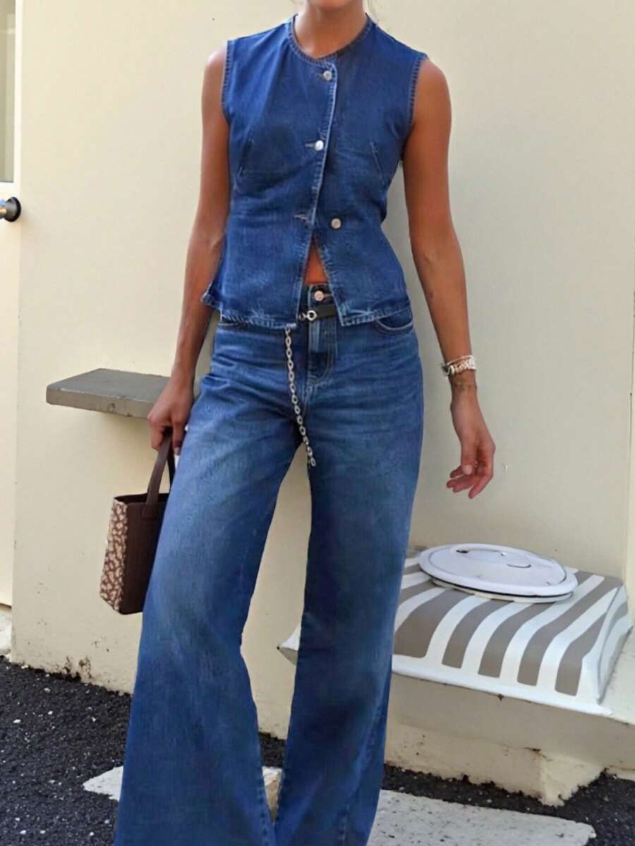 DEEKA 夏季新款女士休闲时尚简约牛仔吊带背心配腰带及阔腿牛仔裤套装 - 藍色 - 查看 1