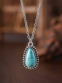 Vintage Turquoise Teardrop Pendant Necklace, Bohemian Style Minimalist Necklace Accessory, Gift - Colorful - View 7