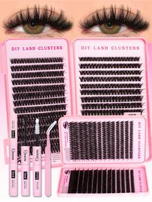560片装，60D、80D DIY睫毛嫁接套装，单根睫毛簇，睫毛嫁接工具包 - DIY睫毛教程，包含假睫毛、粘合剂和密封剂、镊子，自然浓密轻盈柔软可重复使用的单根分段式假睫毛，睫毛，假睫毛 - 黑色 - 查看 1