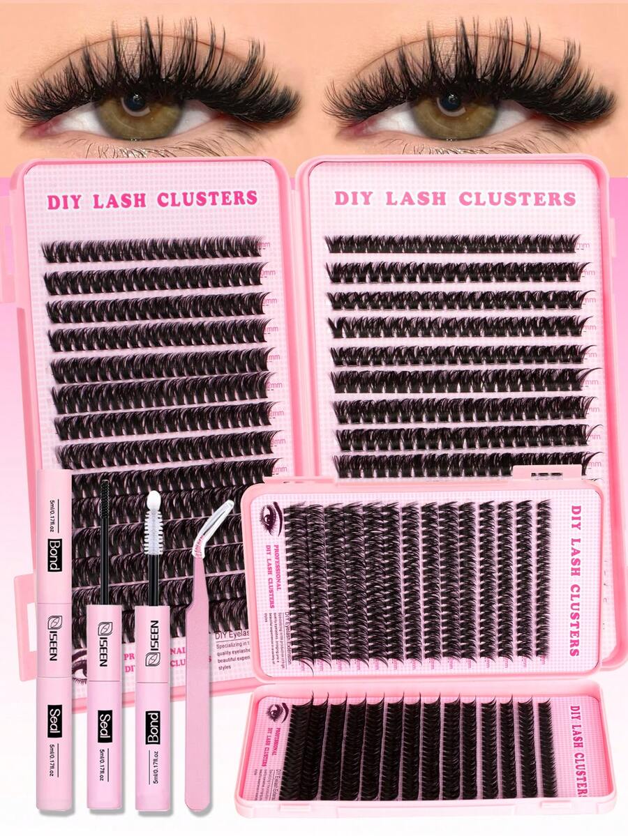 560片装，60D、80D DIY睫毛嫁接套装，单根睫毛簇，睫毛嫁接工具包 - DIY睫毛教程，包含假睫毛、粘合剂和密封剂、镊子，自然浓密轻盈柔软可重复使用的单根分段式假睫毛，睫毛，假睫毛 - 黑色 - 查看 1