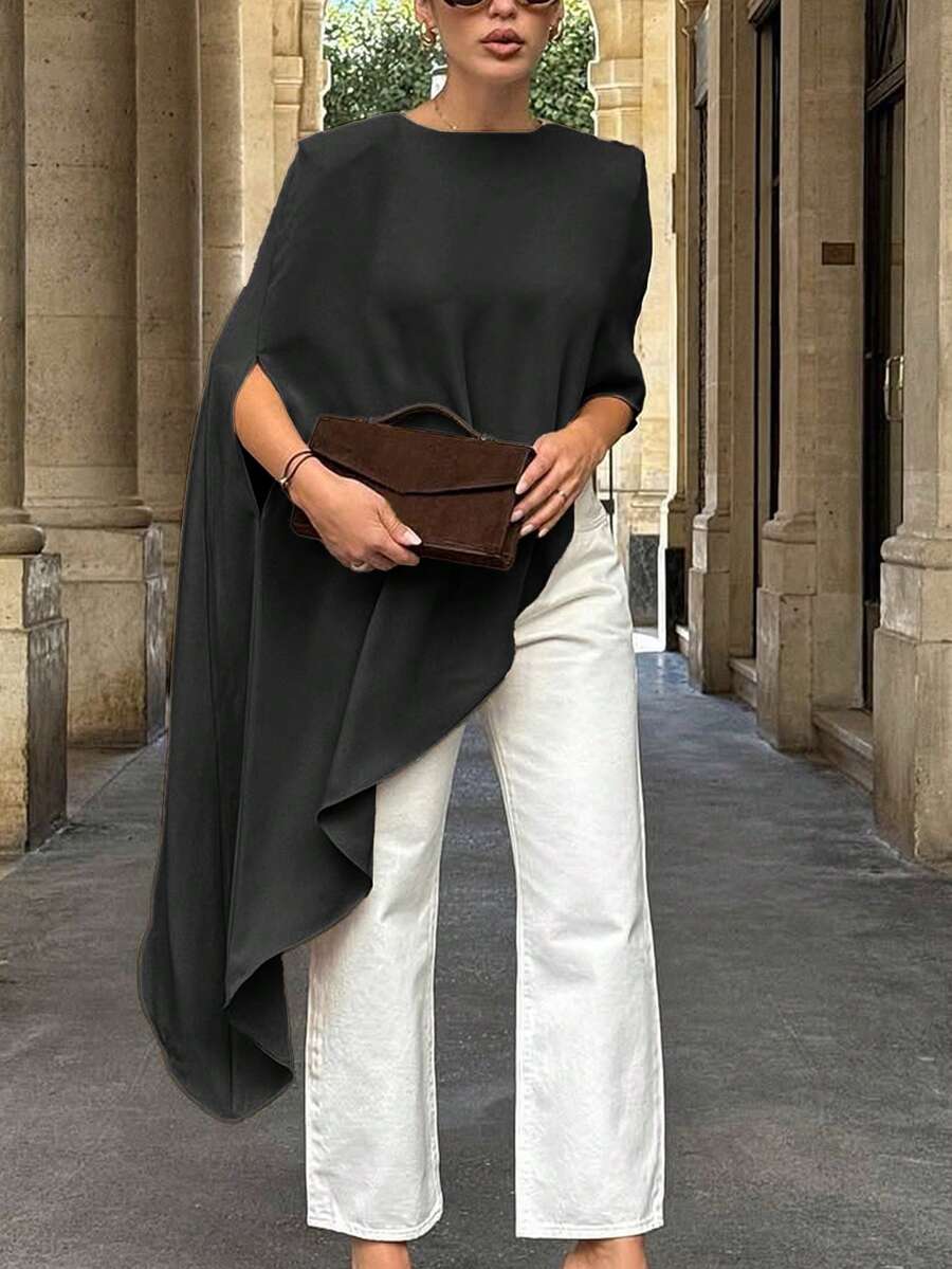 Women's New Fashionable Casual Solid Color Asymmetrical Round Neck Batwing Sleeve Tassel Hem Streetwear Versatile Top, Spring/Summer Black - Black - View 1