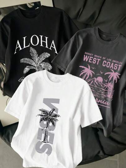 3-Pack Women's Summer New Pattern Palm Tree With Letter Print Round Neck Short Sleeve T-Shirt, Casual Loose Versatile Top, Stylish Daily Wear