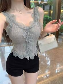 韩版灰色吊带背心，性感简约设计，蕾丝边无袖露脐上衣，女士针织打底衫，春夏休闲性感短款背心 - 灰色 - 查看 5