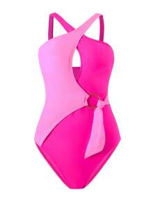 Family Matching Swimsuit Mommy And Me Matching Bathing Suit Summer Beachwear Contrast Color Cutout Criss Cross Halter Neck Sleeveless One Piece Beachwear - 玫紅色 - 查看 9