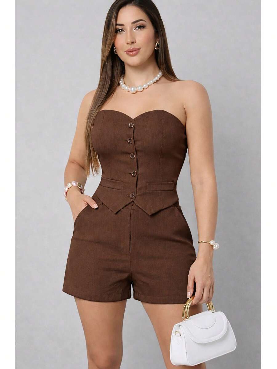 Bia Tailored Women's Set: Strapless Vest And Shorts - Elegant And Sophisticated Summer Fashion - 鏽棕色 - 查看 1