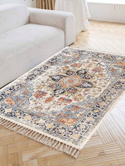 1件复古白色流苏地毯，装饰地毯，卧室装饰，小地毯，地毯，家居装饰，客厅地毯，客厅小地毯，卧室地毯，客厅家居装饰，户外地毯，可水洗地毯