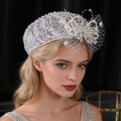 Băng đô cài tóc lưới đính ngọc trai, phụ kiện cưới cho cô dâu.