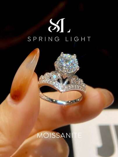 1 Stück exquisiter doppelter V-förmiger 5-Krallen 2ct Moissanit Diamant Verlobungsring, 925er Sterling Silber, geeignet als Verlobungs-, Freundin-Jahrestags-Geschenk oder Brautschmuck