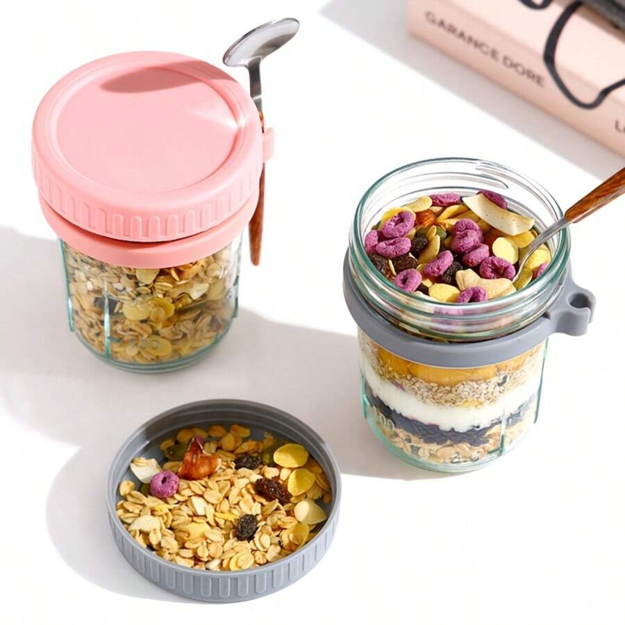 2pcs/1pc Overnight Oats Container With Lid & Spoon, Large Capacity, Sealed Oatmeal Jar With Measurement Marks, Portable Salad Cup Suitable For Yogurt, Cereal And Milk - Multicolor - View 1
