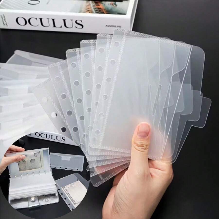 5/10pcs A7 6-Hole Matte Binder Inserts, Economical Cash Envelopes, Durable Matte PP Material, Zipperless Coin Storage Box, Flip-Top Closure, Insertion-Style Document Folder, 6-Ring Binder Clip Cash Organizer