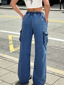 Pantalones de carga de mezclilla con cintura elástica y cordón - Azul lavado oscuro - Ver 4