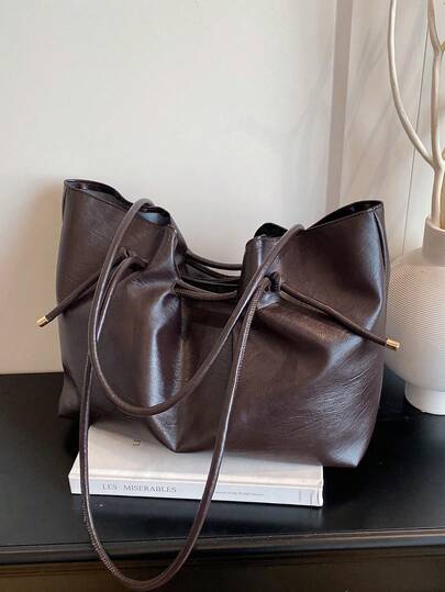 1pc Quilted Snap Closure PU Solid Color Tote Bag, New Vintage Soft Leather Pleated Bag, Fashion Versatile Underarm Bag, Popular Relaxed Feel Women's Bag, Oily Wax Leather Commute Casual Office Work Oversized Capacity Shoulder Bag, Retro Chic Handbag, Suitable For Office, Business, Dating, Shopping, Outings, Short Trips, Vacation, Gift For Girlfriend, Bestie, College Student, Daily Use