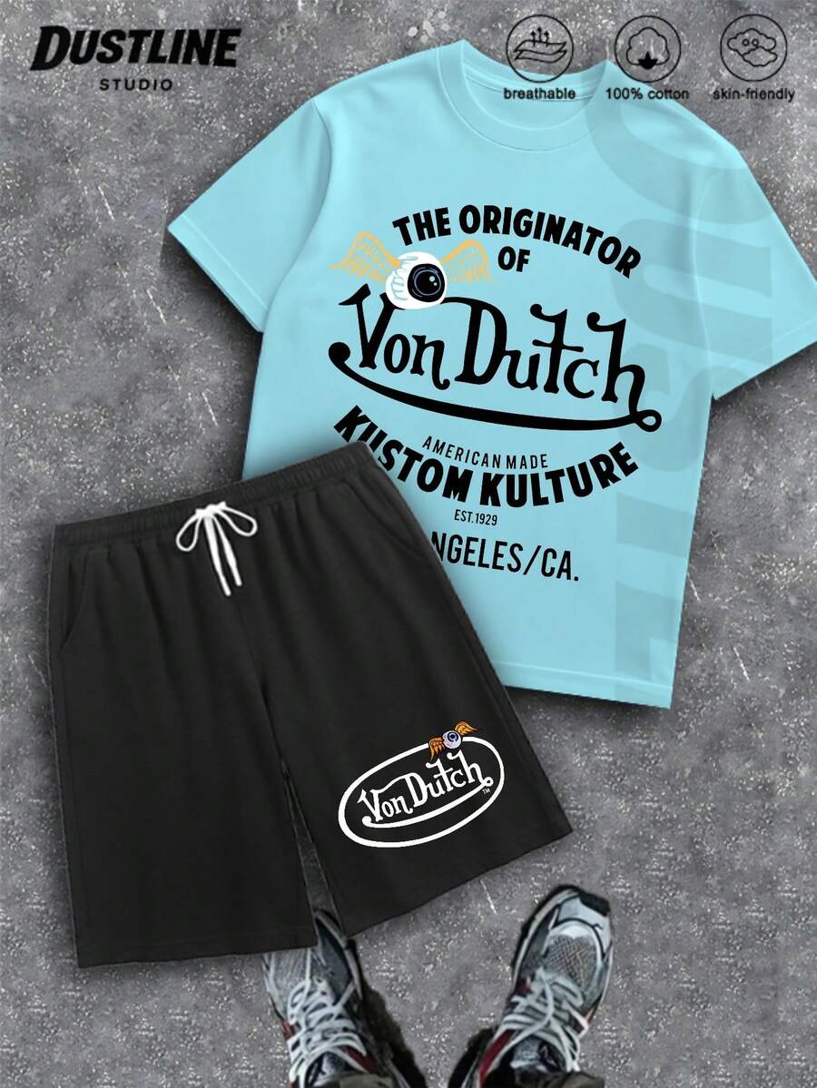 Mens Creative T Shirt And Shorts Set American Vintage Full Print Street Wear Essential T Shirt Set Men Graphic T Shirt And Shorts Set Vons Dutchs Logo And Text Print Breathable Cotton Casual Outfit For Daily Wear And Leisure Activities - màu xanh nhạt - Xem 1