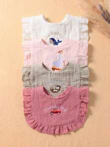 Bộ 4 yếm ăn cho bé bằng vải cotton thêu hình động vật dễ thương, thích hợp sử dụng hàng ngày trong mọi mùa. - Nhiều màu - Xem 1