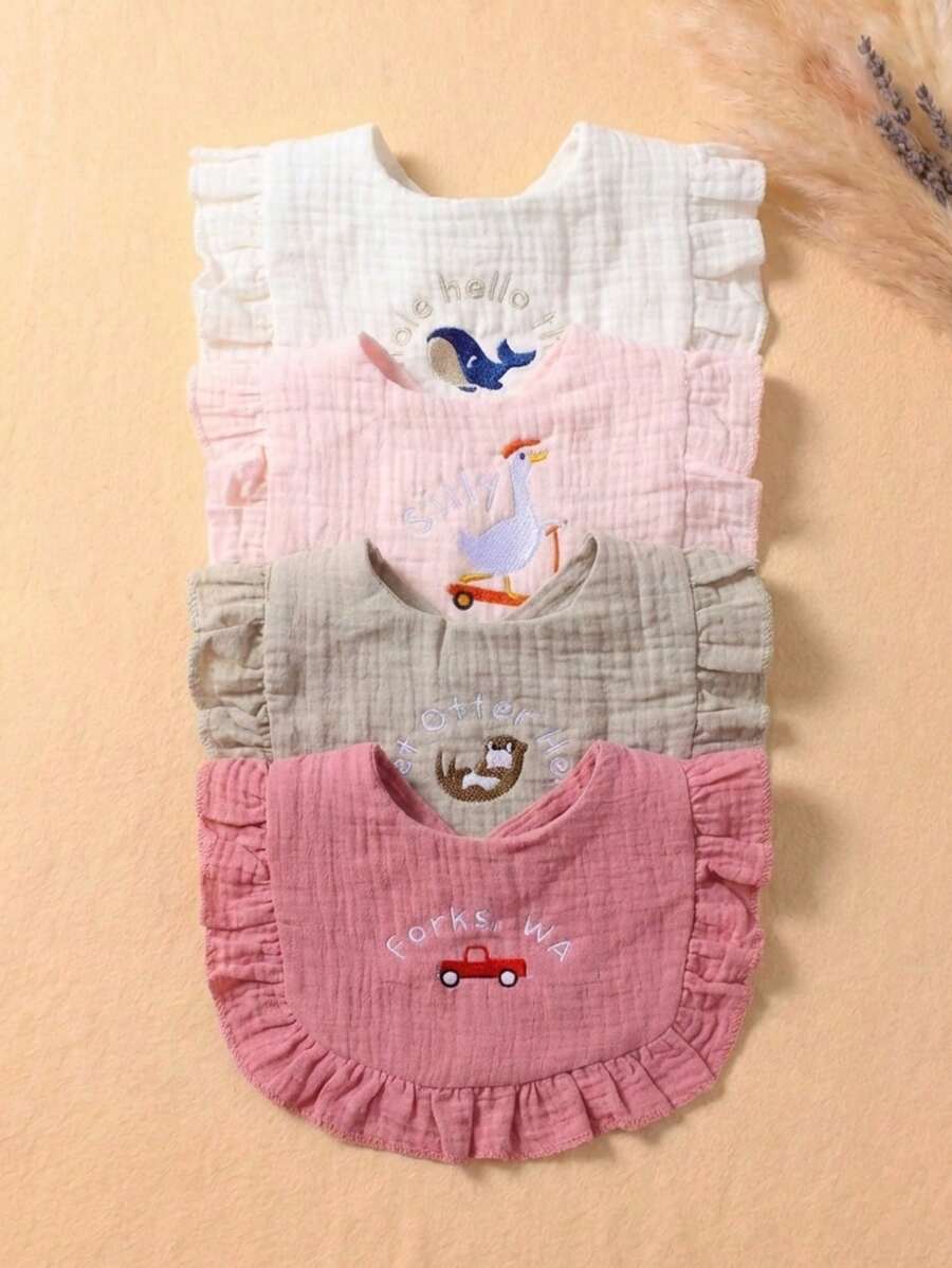 Bộ 4 yếm ăn cho bé bằng vải cotton thêu hình động vật dễ thương, thích hợp sử dụng hàng ngày trong mọi mùa. - Nhiều màu - Xem 1