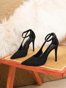 Sexy Fashion Suede Pointed Toe Stiletto Heel Casual Versatile Ankle Strap High Heels - Black - View 2
