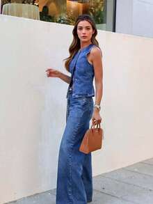DEEKA 夏季新款女士休闲时尚简约牛仔吊带背心配腰带及阔腿牛仔裤套装 - 藍色 - 查看 5