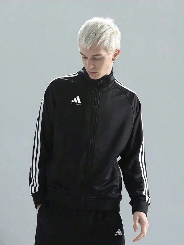 Adidas 男式字母图案侧条纹拉链运动夹克 - 黑色 - 查看 1