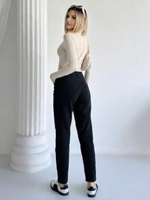 Women High Waist Elastic Slim Leg Linen Pants, Solid Color Casual With Zipper, Button, Pockets - Black - View 3