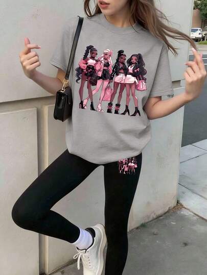 2pcs/Set BFF Aesthetic Outfit For Teenage Girls, Cartoon Girl Print T-Shirt And Leggings Set, Suitable For Hanging Out With Friends, Casual Relaxation, And Daily Wear