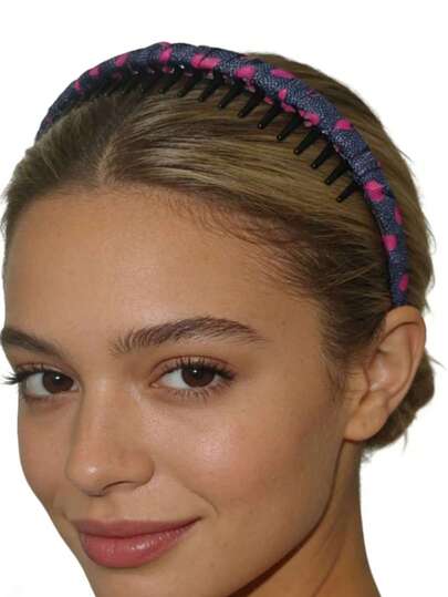 Polka Dot Elegant Polyester Fiber (Polyester) Hair Accessory, Vintage American Style Denim Headband! The Contrasting Heart Design Is Absolutely Stunning, With Built-In Comb To Prevent Slipping. Denim Blue And Rose Red Heart Headband, Non-Slip Women's Headband For Washing Face, Won't Fall Off
