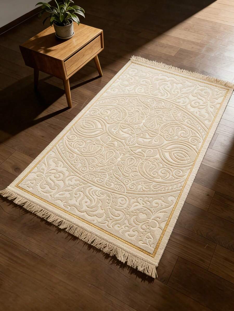 1 pieza Manta con patrón floral en relieve en beige, manta estilo bohemio, cojín con patrón intrincado, alfombra con flecos en los bordes - Multicolor - Ver 1