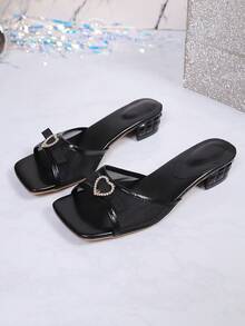 Sandalias de verano de talla grande con punta cuadrada de cuero suave, sandalias de tacón de gatito tipo chanclas, chanclas versátiles con tiras delgadas para mujeres - Negro - Ver 3