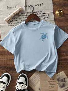 Girls' Light Blue Sea Turtle Print T-Shirt, Casual Coastal Summer Short Sleeve Tee For Teens - Baby Blue - View 4