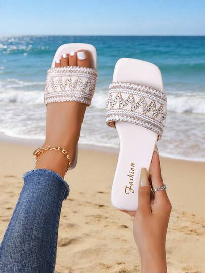 Women's Slip-On Sandals, New Summer Soft Sole Square Toe Beach Vacation Sandals